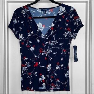 New! Chaps Classics Surplice Floral Navy Multi Top